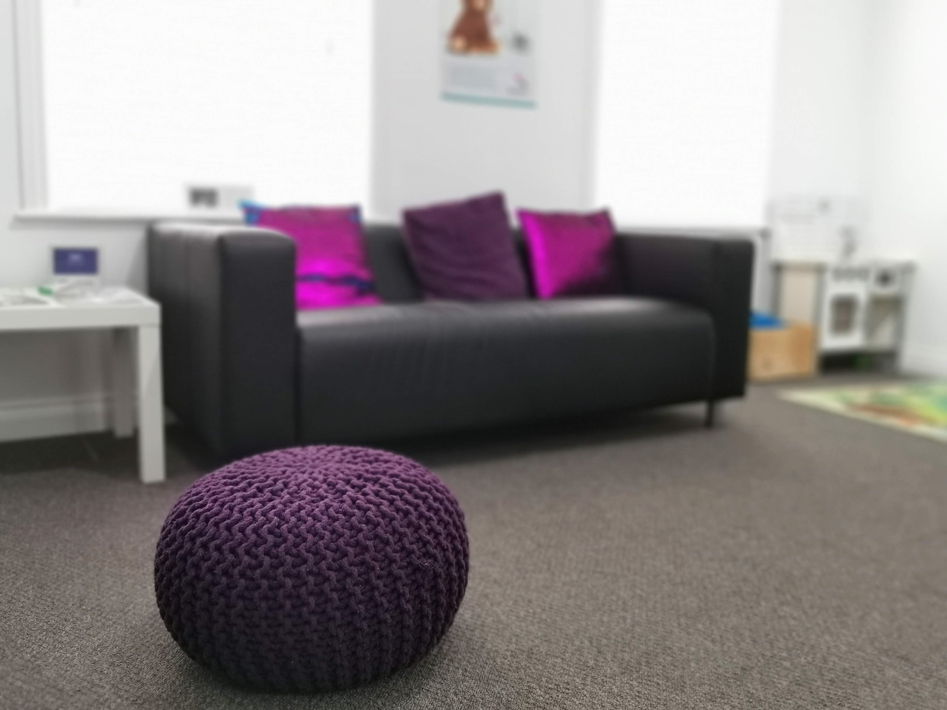 Our actual clinic waiting area in Cheshire, with comfortable seating for patients